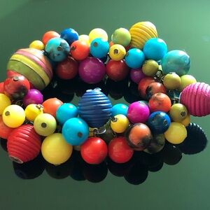 Multi-Colored Bright Acrylic & Handmade Beads Chunky Stretch Bangle Bracelet